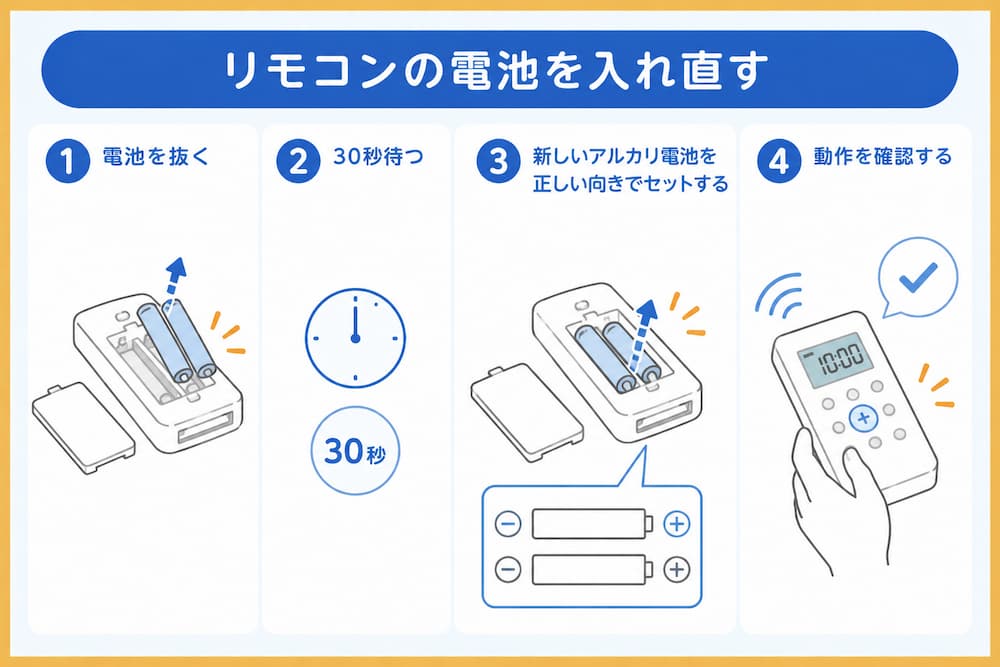 リモコンの電池を入れ直す