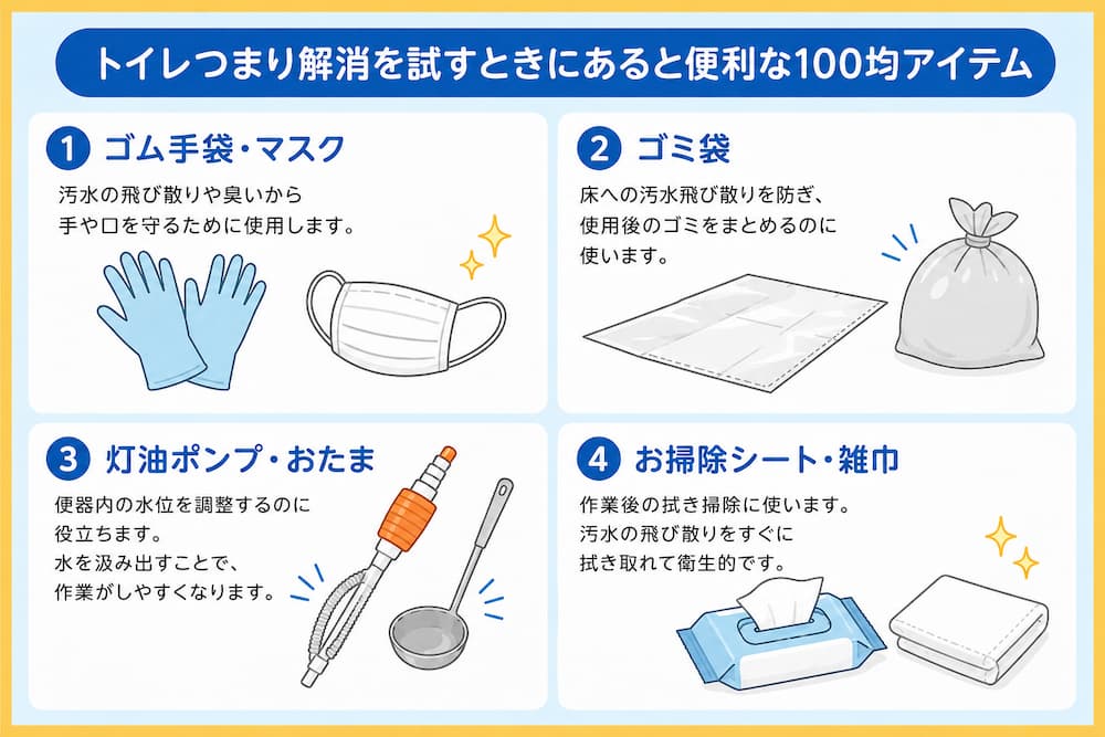 トイレつまり解消を試すときにあると便利な100均アイテム
